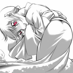 Rule 34 | 1girl, ass, bent over, feet out of frame, highres, japanese clothes, kimono, kurame, kusari hime: euthanasia, looking at viewer, looking back, monochrome, nakamura tetsuya, obi, open mouth, red pupils, sash, simple background, sketch, sleeves past wrists, smile, solo, spot color, wide sleeves