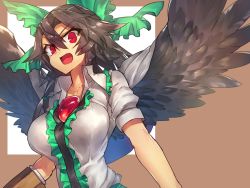 Rule 34 | 1girl, :d, arm cannon, bird wings, black hair, black wings, bow, breasts, cape, fang, frills, hair between eyes, hair bow, highres, large breasts, long hair, looking at viewer, melon22, open mouth, red eyes, reiuji utsuho, short sleeves, smile, solo, third eye, touhou, upper body, weapon, wings
