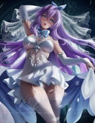 Rule 34 | 1girl, absurdres, azur lane, bad id, bad twitter id, beyumi, blue bow, blue eyes, blue gemstone, bow, bowtie, breasts, bridal gauntlets, bridal veil, commentary, dress, english commentary, eyebrows hidden by hair, garter straps, gem, hair between eyes, hair ribbon, headgear, highres, holding, holding clothes, holding dress, lips, lipstick, long hair, looking at viewer, makeup, mole, mole on breast, navel, prinz eugen (symphonic fate) (azur lane), purple hair, ribbon, see-through, signature, solo, thighhighs, tisumi (surefour), veil, watermark, wedding dress, white dress