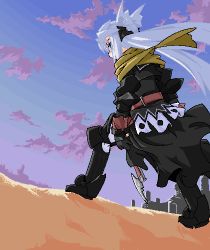 Rule 34 | 1girl, armor, armored boots, belt, black coat, black footwear, black gloves, blue eyes, blue sky, boots, cityscape, cloud, coat, day, from behind, gloves, long hair, long sleeves, lowres, mof, mof&#039;s silver haired twintailed girl, oekaki, original, outdoors, scarf, silver hair, sky, solo, standing, thigh boots, thighhighs, twintails, very long hair, weapon, yellow scarf