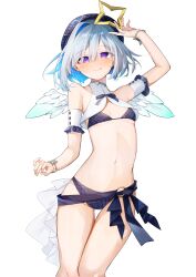 Rule 34 | 1girl, absurdres, amane kanata, arm up, bare shoulders, beret, bikini, blue bikini, blue hair, blue hat, blush, breasts, closed mouth, colored inner hair, commentary request, eme (emeralda), feet out of frame, gradient wings, grey hair, hair between eyes, halo, hat, highres, hololive, looking at viewer, mini wings, multicolored hair, multicolored wings, o-ring, o-ring bottom, plaid headwear, purple eyes, short hair, simple background, single hair intake, small breasts, smile, solo, star halo, swimsuit, variant set, virtual youtuber, white background, white wings, wings, yellow halo