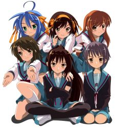 Rule 34 | 00s, 6+girls, :3, asahina mikuru, black thighhighs, gender request, genderswap, izumi konata, kneehighs, koizumi itsuki, koizumi itsuki (female), kyon, kyonko, kyoto animation, lucky star, multiple girls, nagato yuki, ponytail, rindou (awoshakushi), school uniform, serafuku, simple background, smile, socks, suzumiya haruhi, suzumiya haruhi no yuuutsu, thighhighs, white background, white socks