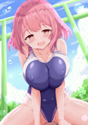 1girl :d black_one-piece_swimsuit blue_sky blush breasts bush chain-link_fence cloud competition_swimsuit covered_erect_nipples covered_navel day fence highleg highres hoshizaki_akari large_breasts looking_at_viewer medium_hair one-piece_swimsuit ongeki open_mouth outdoors pink_eyes pink_hair seductive_smile sidelocks sky smile solo swimsuit thighs water_drop wet xenon_(for_achieve)