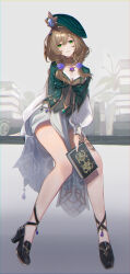 Rule 34 | 1girl, absurdres, bare legs, black footwear, blue gemstone, book, book stack, brown hair, flower, full body, gem, genshin impact, green eyes, green hat, grey background, hair flower, hair ornament, hair over shoulder, hat, high heels, highres, holding, holding book, kino (m6t2a), lisa (a sobriquet under shade) (genshin impact), lisa (genshin impact), long sleeves, official alternate costume, puffy long sleeves, puffy sleeves, purple flower, purple rose, rose, short twintails, sitting, skirt, smile, solo, strappy heels, thighs, twintails, white skirt