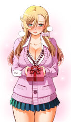 Rule 34 | 1girl, asymmetrical bangs, blonde hair, blue skirt, blush, breasts, cardigan, cleavage, commentary request, cowboy shot, gift, green eyes, highres, holding, holding gift, incoming gift, kuzuryuu hanako, large breasts, long hair, looking at viewer, miniskirt, necktie, open mouth, pink background, pink cardigan, pink scrunchie, school uniform, scrunchie, skirt, sogabe toshinori, solo, striped necktie, translation request, yankee jk kuzuhana-chan