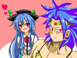 Rule 34 | 1boy, 1girl, blue hair, broly (dragon ball z), crossover, dragon ball, dragon ball z, dragonball z, earrings, hat, heart, hinanawi tenshi, jewelry, long hair, muscular, necklace, open mouth, puffy sleeves, red eyes, short hair, spiked hair, touhou