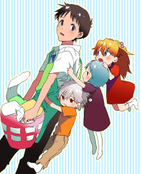 2boys 2girls :3 apron ayanami_rei bad_id bad_pixiv_id blue_eyes blue_hair brown_hair dress hosaka_dx hug ikari_shinji laundry long_hair multiple_boys multiple_girls nagisa_kaworu neon_genesis_evangelion orange_hair pantyhose red_eyes short_hair souryuu_asuka_langley time_paradox aged_down