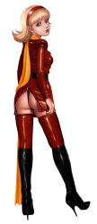 Rule 34 | 1960s (style), 1970s (style), 1girl, ass, black panties, boots, cyborg, cyborg 009, francoise arnoul, full body, garter straps, high heel boots, high heels, highres, knee boots, leather, legs, lips, long image, oldschool, panties, pinup (style), python (snake legs), realistic, red thighhighs, retro artstyle, scarf, shoes, simple background, solo, stiletto boots, stiletto heels, tall image, thighhighs, thong, underwear, white background, zipper