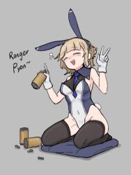 Rule 34 | 1girl, alternate costume, alternate hair length, alternate hairstyle, beer can, between breasts, black thighhighs, blonde hair, blue necktie, blunt bangs, braid, breasts, can, cushion, de.calvin, drink can, french braid, full body, gloves, grey background, kantai collection, kneeling, leotard, medium breasts, medium hair, necktie, necktie between breasts, playboy bunny, ranger (kancolle), short hair, simple background, solo, thighhighs, two-tone leotard, white gloves, zabuton