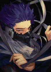 Rule 34 | 1boy, bags under eyes, blurry, boku no hero academia, costume, depth of field, forehead, from side, gym uniform, jumpsuit, looking at viewer, male focus, mask, messy hair, mm39572, mouth mask, purple eyes, purple hair, scarf, shinsou hitoshi, short hair, soft focus, solo, spiked hair, sweat, twitter username, u.a. gym uniform