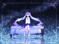Rule 34 | 1girl, bed, blue hair, blue skirt, border, closed eyes, hatsune miku, night, night sky, reflection, reflective water, shirt, skirt, sky, smile, socks, star (sky), twintails, vocaloid, water, white shirt