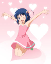 Rule 34 | 1girl, ;d, arms up, blue eyes, blue hair, dress, heart, jumping, lotte no omocha!, matching hair/eyes, one eye closed, open mouth, outstretched arms, pink dress, smile, solo, spread arms, touhara asuha, wink, yukimura1130