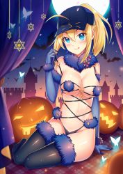 Rule 34 | 1girl, :q, absurdres, ahoge, arm support, artoria pendragon (fate), bare shoulders, baseball cap, bat (animal), black thighhighs, blonde hair, blue eyes, breasts, bug, butterfly, cleavage, closed mouth, cosplay, curtains, elbow gloves, fate/grand order, fate (series), full moon, fur collar, gloves, hair through headwear, hat, hexagram, highleg, highres, insect, jack-o&#039;-lantern, large breasts, long hair, looking at viewer, mash kyrielight, mash kyrielight (dangerous beast), mash kyrielight (dangerous beast) (cosplay), moon, mysterious heroine x (fate), navel, official alternate costume, plaid, ponytail, pumpkin, revealing clothes, rojiura satsuki: chapter heroine sanctuary, sannio, sidelocks, sitting, smile, solo, stomach, strap pull, thighhighs, thighs, tongue, tongue out