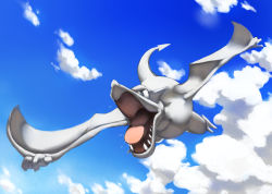 Rule 34 | aerodactyl, blue eyes, blue sky, cloud, cloudy sky, commentary, creature, creatures (company), day, english commentary, flying, full body, game freak, gen 1 pokemon, nintendo, no humans, open mouth, outdoors, pinkgermy, pokemon, pokemon (creature), sky, solo