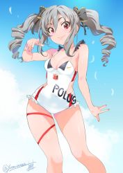 Rule 34 | 10s, 1girl, :d, arm up, blue sky, bow, breasts, cleavage, day, drill hair, fingernails, grey hair, hair between eyes, hair bow, idolmaster, idolmaster cinderella girls, inoue sora, kanzaki ranko, leg ribbon, long hair, medium breasts, nail polish, one-piece swimsuit, open mouth, outstretched hand, red eyes, ribbon, sidelocks, skindentation, sky, smile, solo, swimsuit, thigh gap, thigh ribbon, thighs, twin drills, twitter username