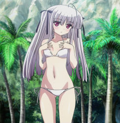 Rule 34 | 10s, 1girl, 8-bit (company), absolute duo, beach, bikini, breasts, flat chest, hair ornament, hair ribbon, highres, long hair, looking at viewer, navel, outdoors, palm tree, red eyes, ribbon, sand, screencap, side-tie bikini bottom, silver hair, small breasts, solo, standing, swimsuit, thighs, tree, two side up, yurie sigtuna