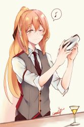 Rule 34 | 1girl, absurdres, barmaid, blush, cocktail glass, cocoka, cup, drinking glass, girls&#039; frontline, green eyes, highres, long hair, looking at viewer, springfield (girls&#039; frontline), one eye closed, orange hair, simple background, smile, solo, tagme