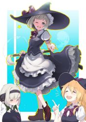 Rule 34 | 2girls, :&gt;, absurdres, apron, black ribbon, black skirt, blonde hair, blunt bangs, blush, boots, bow, bowtie, braid, brown footwear, clothes lift, cosplay, cross-laced footwear, frilled skirt, frills, full body, green eyes, hair ribbon, hat, hat ribbon, head tilt, highres, index finger raised, kirisame marisa, kirisame marisa (cosplay), konpaku youmu, konpaku youmu (ghost), lifting own clothes, looking at viewer, multiple girls, one eye closed, puffy sleeves, ribbon, round teeth, sheath, sheathed, side braid, silver hair, single braid, skirt, skirt lift, smile, star (symbol), suppa (hagakuresuppa), sword, teeth, touhou, upper body, vest, weapon, witch hat