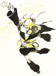 Rule 34 | 1girl, blonde hair, detached sleeves, female focus, full body, hair ornament, hairclip, headphones, kagamine rin, monochrome, outstretched arm, outstretched hand, painting (medium), reaching, short hair, shou shishi, solo, star (symbol), traditional media, vocaloid, watercolor (medium), white background