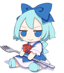 Rule 34 | 1girl, absurdres, blue bow, blue dress, blue eyes, blue footwear, blue hair, bow, cirno, closed mouth, collared shirt, dress, fairy, fork, full body, fumo (doll), hair bow, highres, ice, ice wings, kame (kamepan44231), shirt, shoes, short hair, short sleeves, simple background, smile, solo, touhou, white background, white shirt, wings
