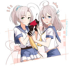 Rule 34 | 10s, 2girls, ^^^, ahoge, alternate hairstyle, aoba (kancolle), blue eyes, blue sailor collar, blue shorts, blue skirt, blush, brown gloves, cellphone, character name, gloves, green eyes, hairstyle switch, holding, holding phone, kantai collection, kinugasa (kancolle), long hair, morinaga miki, multiple girls, musical note, neckerchief, necktie, one side up, open mouth, phone, pink hair, pleated skirt, ponytail, quaver, sailor collar, school uniform, serafuku, short hair, short sleeves, shorts, skirt, smartphone, smile, yellow neckerchief, yellow necktie