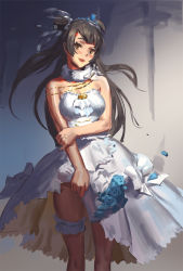 Rule 34 | 1girl, artist name, artist request, bare legs, bare shoulders, blue flower, blush, bouquet, bow, breasts, bridal garter, bridal veil, brown eyes, brown hair, cleavage, collarbone, dress, dress bow, earrings, female focus, floating hair, flower, frilled skirt, frilled sleeves, frills, fur collar, fur trim, grey hair, hair rings, hand on own arm, highres, holding, holding bouquet, jewelry, legwear garter, light brown hair, long hair, looking at viewer, love live!, love live! school idol festival, love live! school idol project, medium breasts, minami kotori, miniskirt, parted lips, plaid, plaid dress, plaid skirt, pleated, pleated dress, pleated skirt, ponytail, side ponytail, single legwear garter, skirt, smile, solo, tiara, veil, wedding dress, white bow, white dress, white flower, white skirt, yellow eyes