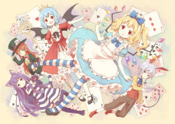 Rule 34 | 104, 5girls, alice (alice in wonderland), alice (alice in wonderland) (cosplay), alice in wonderland, alternate costume, animal ears, animal hands, apron, bat wings, black footwear, blonde hair, blue eyes, blue hair, blunt bangs, blush, bow, braid, card, cat ears, cat paws, cat tail, cheshire cat (alice in wonderland), cheshire cat (cosplay), cosplay, crescent, crescent hair ornament, crown, dress, fang, flandre scarlet, frilled dress, frills, green eyes, hair bow, hair ornament, hat, hong meiling, izayoi sakuya, kemonomimi mode, long hair, long sleeves, looking at viewer, mad hatter (alice in wonderland), mad hatter (alice in wonderland) (cosplay), mary janes, multiple girls, open mouth, pants, pantyhose, patchouli knowledge, playing card, pocket watch, puffy short sleeves, puffy sleeves, purple eyes, purple hair, rabbit ears, red eyes, red hair, remilia scarlet, shoes, short hair, short sleeves, side braid, side ponytail, silver hair, single braid, staff, striped clothes, striped dress, striped legwear, striped thighhighs, tail, thighhighs, top hat, touhou, vest, watch, white bow, white rabbit (alice in wonderland), white rabbit (cosplay), wings