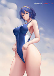 Rule 34 | 1girl, absurdres, alternate breast size, alternate hairstyle, artist name, blue eyes, blue hair, blue one-piece swimsuit, breasts, competition swimsuit, dakkalot, fire emblem, fire emblem awakening, gold hairband, hairband, highres, large breasts, looking down, lucina (fire emblem), nintendo, one-piece swimsuit, pursed lips, short hair, sky, solo, swimsuit