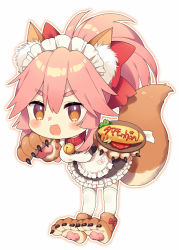 Rule 34 | 1girl, alternate costume, animal ear fluff, animal ears, animal hands, apron, bell, blush, breasts, cat paws, collar, enmaided, fangs, fate/grand order, fate (series), food, fox ears, fox girl, fox tail, gloves, hair ribbon, jingle bell, large breasts, long hair, maid, maid apron, maid headdress, neck bell, omelet, omurice, paw gloves, paw shoes, pink hair, ponytail, red ribbon, ribbon, shoes, simple background, solo, tail, tamamo (fate), tamamo cat (fate), tamamo cat (second ascension) (fate), toko yoshi, waist apron, white background