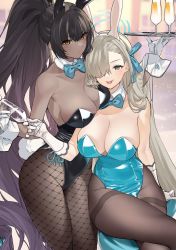Rule 34 | 2girls, animal ears, asuna (blue archive), asuna (bunny) (blue archive), bare shoulders, black hair, blue archive, blue eyes, blue neckwear, blue ribbon, bow, bowtie, breasts, brown legwear, champagne flute, cleavage, cup, dark-skinned female, dark skin, detached collar, drinking glass, fake animal ears, fishnet legwear, fishnets, gloves, hair over one eye, hair ribbon, highres, holding, holding plate, karin (blue archive), karin (bunny) (blue archive), large breasts, leotard, long hair, looking at viewer, mole, mole on breast, multiple girls, pantyhose, plate, playboy bunny, ponytail, rabbit ears, ribbon, sino42, smile, traditional bowtie, white gloves, yellow eyes