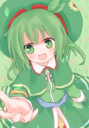 Rule 34 | 1girl, :d, female focus, flower, from above, green eyes, green hair, hat, leaf, leaf on head, matching hair/eyes, no nose, object on head, open mouth, original, pov, reaching, seoi ha, shize (coletti), smile, solo, touhou, touhou shizenyu