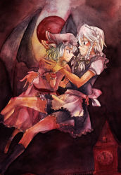 Rule 34 | 2girls, abemi (abumisan), apron, bad id, bad pixiv id, bat wings, bow, braid, clock, clock tower, cloud, cloudy sky, dress, flying, full moon, hair bow, hand on another&#039;s hip, hat, hat ribbon, highres, holding another&#039;s wrist, izayoi sakuya, kneehighs, looking at another, maid headdress, mob cap, moon, multiple girls, night, outdoors, red eyes, red moon, remilia scarlet, ribbon, roman numeral, sash, short hair, short sleeves, skirt, skirt set, sky, socks, touhou, tower, twin braids, waist apron, white hair, wings, wrist cuffs, yuri