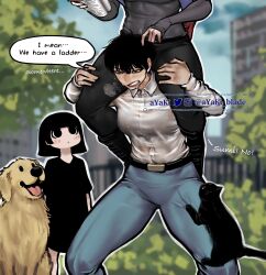 Rule 34 | 2others, 4girls, abysse (ayaki blade), ayaki blade, belt, black eyes, black hair, black pants, blue pants, blush, book, breasts, cat, collared shirt, commentary, covered abs, day, dog, english commentary, english text, heavy breathing, highres, holding, holding book, human tower, looking at another, medium breasts, multiple girls, multiple others, no pupils, original, pants, reading, sally (ayaki blade), shirt, sitting on shoulder, sleeves past wrists, speech bubble, sports bra, stacking, strong, sweat, sweaty clothes, sylense (ayaki blade), thick thighs, thighs, tomoka (ayaki blade), underwear writing, white shirt