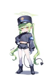 Rule 34 | 1girl, artist name, black footwear, black hat, black jacket, blue archive, boots, closed mouth, demon tail, earrings, frqz bijutsu, full body, gloves, green hair, green halo, halo, hand on own hip, hat, highres, jacket, jewelry, long hair, looking at viewer, midriff, navel, nozomi (blue archive), pantyhose, simple background, smile, solo, tail, twintails, very long hair, white background, white gloves, white pantyhose, yellow eyes
