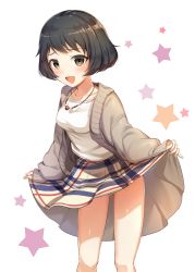 Rule 34 | 10s, 1girl, :d, black hair, blush, bob cut, brown eyes, cardigan, clothes lift, collarbone, girls und panzer, gluteal fold, highres, icomochi, jewelry, legs apart, looking at viewer, necklace, open cardigan, open clothes, open mouth, panties, plaid, plaid skirt, shirt, short hair, simple background, skirt, skirt lift, smile, solo, standing, star (symbol), starry background, tareme, thighs, underwear, utsugi yuuki, white background, white panties, white shirt