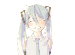 Rule 34 | 1girl, ^ ^, arms at sides, bad id, bad twitter id, bare shoulders, blue hair, blue necktie, blush stickers, clenched teeth, close-up, closed eyes, collared shirt, detached sleeves, dot nose, facing viewer, flat chest, grey background, grin, hair between eyes, happy, hatsune miku, long hair, necktie, pale color, shirt, simple background, sleeveless, sleeveless shirt, smile, solo, teeth, torla16, twintails, upper body, vocaloid, white background