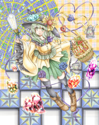Rule 34 | 1girl, aqua hair, arms up, basket, belt, black thighhighs, blouse, blue flower, blue rose, boots, brown footwear, checkered background, cherry tomato, crystal, cup, floral print, flower, food, frilled shirt collar, frilled sleeves, frills, full body, green eyes, green skirt, hat, hat flower, hat ornament, hat ribbon, heart, heart of string, highres, holding, holding basket, kaenbyou rin, kaenbyou rin (cat), komeiji koishi, light bulb, long sleeves, looking to the side, medium hair, open mouth, patterned background, picnic basket, purple flower, purple rose, ribbon, rose, sandwich, saucer, shirt, skirt, solo, star (symbol), starry background, sun symbol, symbolism, teacup, teapot, teeth, thighhighs, third eye, tomato, touhou, untucked shirt, upper teeth only, wide sleeves, yellow shirt, ys (ytoskyoku-57)