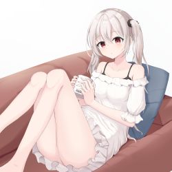 Rule 34 | 1girl, :o, blush, breasts, collarbone, commentary request, couch, cup, dress, feet out of frame, frilled dress, frills, grey hair, hair between eyes, highres, holding, holding cup, knees up, long hair, looking at viewer, lying, medium breasts, mizu (lzzrwi603), mug, off-shoulder dress, off shoulder, on back, on couch, original, parted lips, pillow, puffy short sleeves, puffy sleeves, red eyes, short sleeves, simple background, solo, twintails, white background, white dress