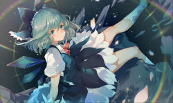 Rule 34 | 1girl, azusa0v0, black background, black footwear, blue bow, blue dress, blue eyes, blue hair, bow, breasts, cirno, closed mouth, collar, collared shirt, dress, gloves, hair between eyes, highres, light, looking at viewer, looking up, medium breasts, petals, puffy short sleeves, puffy sleeves, rainbow, red neckwear, rock, shadow, shirt, shoes, short hair, short sleeves, sitting, socks, solo, touhou, white gloves, white shirt, white socks
