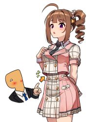 Rule 34 | 1girl, 1other, ahoge, arrow (symbol), black jacket, black necktie, blue necktie, brown hair, drill hair, formal, future signature (idolmaster), highres, idol clothes, idolmaster, idolmaster million live!, idolmaster million live! theater days, jacket, kamille (vcx68), long hair, necktie, open mouth, p-head producer, pink shirt, pink skirt, plaid, plaid shirt, plaid skirt, producer (idolmaster), puffy short sleeves, puffy sleeves, purple eyes, shirt, short sleeves, side drill, simple background, skirt, suit, white background, yokoyama nao