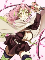 Rule 34 | 1girl, belt, blush, braid, breasts, cleavage, falling petals, green eyes, green hair, hair between eyes, highres, holding, holding weapon, kanroji mitsuri, kimetsu no yaiba, large breasts, long hair, mole, mole under eye, multicolored hair, multiple braids, open mouth, petals, pink background, pink hair, smile, solo, talesofmea, thighhighs, two-tone hair, upper body, weapon, wide sleeves