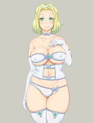 Rule 34 | 1girl, asymmetrical clothes, bare shoulders, blonde hair, breasts, brown background, choker, cleavage, collarbone, covered erect nipples, curvy, elbow gloves, female focus, gloves, green eyes, large breasts, looking at viewer, navel, original, shikuta maru, short hair, simple background, skindentation, smile, solo, standing, thick thighs, thighhighs, thighs, white gloves, white thighhighs