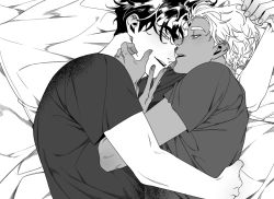 Rule 34 | 2boys, bad id, bad pixiv id, commentary request, couple, cuddling, dark-skinned male, dark skin, greyscale, hand on another&#039;s face, lying, mare yajin, monochrome, multiple boys, on bed, on side, original, shirt, short hair, short sleeves, very short hair, yaoi