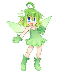 Rule 34 | 1girl, :d, ahoge, bare shoulders, blue eyes, dress, fairy, fairy wings, fang, full body, gloves, green dress, green hair, hair ornament, kso, looking at viewer, open mouth, original, pointy ears, simple background, sleeveless, sleeveless dress, smile, solo, white background, wings