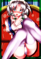 Rule 34 | 1girl, blue eyes, blush, braid, female focus, hairband, irusu, izayoi sakuya, maid, open mouth, panties, pantyshot, ribbon, short hair, silver hair, solo, thighhighs, touhou, twin braids, underwear