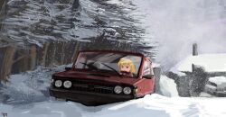 Rule 34 | 1girl, absurdres, alice margatroid, blonde hair, blue eyes, car, danlamdae, driving, fso, fso polonez, hairband, highres, motor vehicle, outdoors, pine tree, red car, red hairband, snow, snowing, solo, steering wheel, touhou, tree, winter