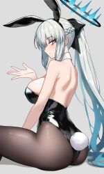 Rule 34 | 1girl, absurdres, ass, black bow, blue eyes, bow, braid, breasts, ebora, fate/grand order, fate (series), french braid, grey hair, hair bow, highres, large breasts, leotard, long hair, looking at viewer, morgan le fay (fate), playboy bunny, ponytail, sidelocks, solo, thighs, very long hair