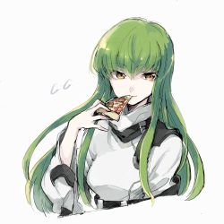 Rule 34 | 1girl, asuna (doruru-mon), bad id, bad pixiv id, brown eyes, c.c., character name, code geass, cropped torso, eating, floating hair, food, green hair, highres, holding, holding food, long hair, looking at viewer, pizza, pizza slice, simple background, sketch, smile, solo, very long hair, white background