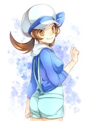 Rule 34 | 1girl, alternate color, blue bow, blue shirt, blue shorts, bow, breasts, brown hair, cowboy shot, creatures (company), from behind, game freak, hat, hat bow, highres, long hair, long sleeves, looking at viewer, looking back, lyra (pokemon), nintendo, pokemon, pokemon hgss, shirt, short shorts, shorts, small breasts, solo, standing, suspender shorts, suspenders, twintails, white background, white hat, yellow eyes, yomogi (black-elf)