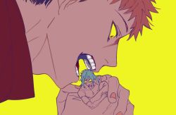 Rule 34 | 2boys, black eyes, black hair, blue hair, collarbone, colored sclera, completely nude, eating, flat color, from side, holding, itadori yuuji, jujutsu kaisen, leaning forward, long hair, looking at another, looking down, mahito (jujutsu kaisen), male focus, mini person, miniboy, multicolored hair, multiple boys, nipples, nude, open mouth, orange eyes, own hands together, portrait, profile, red hair, red shirt, scar, scar on face, scared, shirt, sidelocks, simple background, sketch, stitches, sweat, teeth, tenobe, two-tone hair, yellow background, yellow sclera